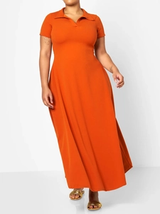 Front view of an orange plus size maxi dress with polo collar and A-line skirt