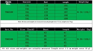 Size chart for women's portrait print dress showing measurements from 1XL to 5XL