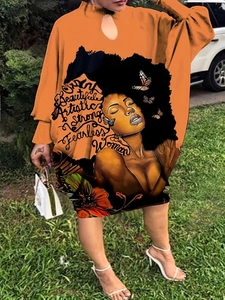 Women Plus Size Ginger Long Sleeve Satin Dress Artistic Portrait Printed Cutout Stand Collar Casual Loose Midi Dress