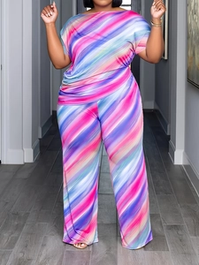 Women's 2-piece casual set featuring colorful striped short sleeve top and wide leg pants