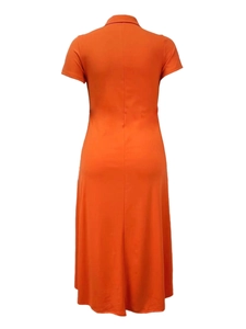 Detail view showing the back side of an orange polo collar short sleeve maxi dress with seam