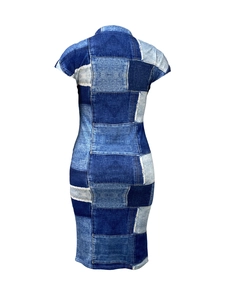 Detail of blue patchwork denim print sleeveless V-neck dress on invisible mannequin
