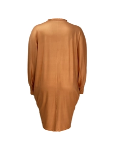 Back view of a bronze satin long sleeve dress with lantern sleeves and a loose fit