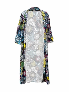 Close-up of lightweight open-front cardigan featuring multi-color abstract graffiti print