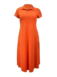Detailed view of an orange short sleeve polo collar dress with a relaxed silhouette