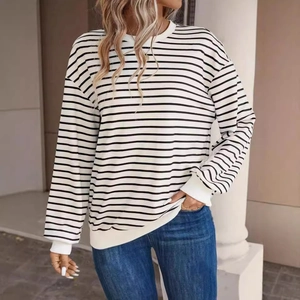 Women's Plus Size Striped Long Sleeve T-Shirt Casual Round Neck Loose Sweatshirt With Ribbed Trim Spring Autumn Fashion Top