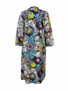 Detailed back view of a colorful graffiti pop art print long sleeve dress with patterns