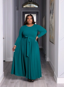Women Plus Size Maxi Dress Elegant Round Neck Long Sleeve High Waist Tie Belt Large Swing Pleated Commute Long Dress