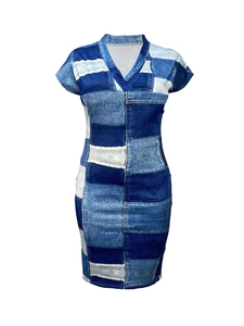 Detail of V-neck patchwork denim midi dress with contrast blue color blocking design