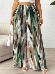 Women Plus Size High Waist Pleated Wide Leg Pants Abstract Tie Dye Printed Elastic Waist Loose Casual Long Trousers