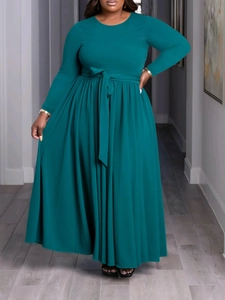 Elegant teal plus size long sleeve maxi dress with waist belt and flowing A-line skirt