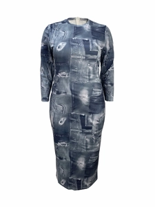 Close-up of slim fit long sleeve midi dress featuring realistic blue denim print details