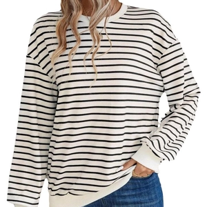 Women's casual loose crewneck sweatshirt featuring classic black and white stripes