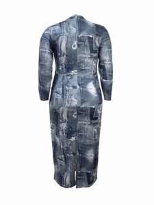Detail of denim print texture and back split hem on long sleeve midi dress