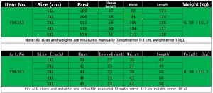Detailed size chart for sexy bodycon dress TB6353 available in plus sizes 1XL to 5XL