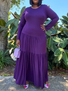 Women Plus Size Tiered Long Sleeve Maxi Dress Elegant Solid Color Pleated Cake Hem Long Dress For Autumn Casual Party