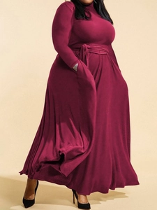 Plus size dark burgundy long sleeve maxi dress with turtleneck and belted waist