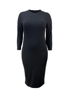 Close-up of black bodycon dress with slim fit long sleeves and round neck detail