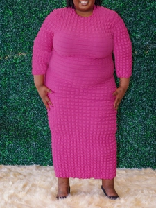 Robe Maxi Grande Taille Femme Élégante Tissu Popcorn Rouge Rose Manches Bouffantes Col Rond Moulante Navetteur Casual Longue