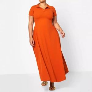 Orange short sleeve polo neck maxi dress with slim fit waist and flared skirt