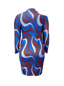 Rear view detail of bodycon dress featuring blue and brown swirling wavy patterns