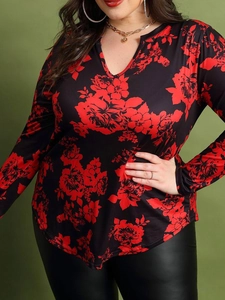 Women's plus size V-neck long sleeve top featuring a bold red rose floral print on black