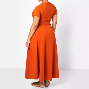 Bright orange plus size short sleeve maxi dress with lapel collar and A-line silhouette