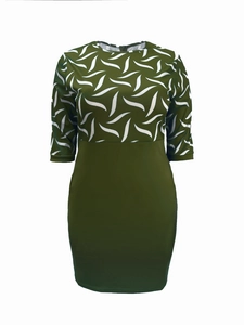 Detail of olive green bodycon dress featuring white wavy leaf patterns on the bodice