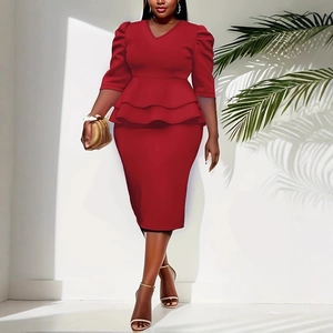 Damen Plus Size Schößchen Top Und Rock Set Elegant V-Ausschnitt Puffärmel Bodycon Bleistiftrock Midi Kleid Zweiteiler Party Outfits