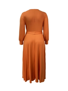 Back view of elegant orange V-neck long dress with waist tie and cuffed sleeves