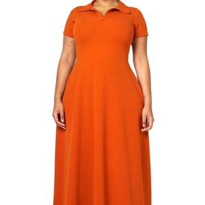 Orange short sleeve polo collar maxi dress with slim fit bodice and A-line skirt