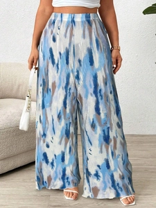 Women's plus size high waisted wide leg pleated trousers with blue abstract tie-dye print