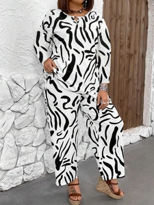 Women's two-piece casual lounge set with black and white abstract swirl print