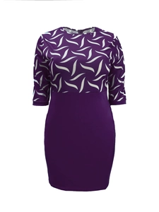 Detail of purple bodycon dress featuring abstract white wave patterns and 3/4 sleeves