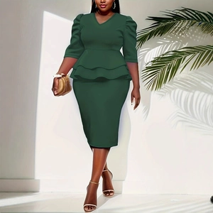 Elegantes dunkelgrünes Bodycon-Bleistiftkleid mit V-Ausschnitt, Puffärmeln und Schößchen