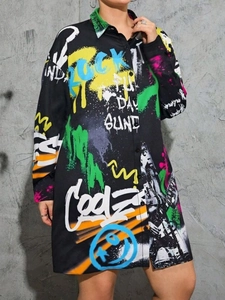 Robe Chemisier Grande Taille Femme Manches Longues Col à Revers Imprimé Graffiti Lettres Simple Boutonnage Décontracté Streetwear