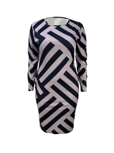 Detail view of long-sleeve bodycon dress with black and white geometric stripe pattern