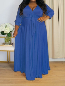 Women's Plus Size V Neck Wrap Long Sleeve Maxi Dress With Waist Tie Casual Elegant Solid Color Floor Length Party Dress