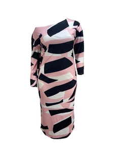 Detail of slim fit one-shoulder dress with pink, black and white geometric print