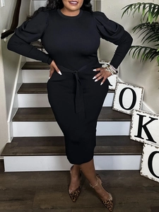Plus Size Elegant Women Solid Color Round Neck Puff Sleeve Midi Dress With Self Tie Belt Casual Slim Fit Knitted Bodycon Dress