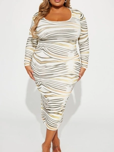 Plus Size Women Elegant Zebra Print Bodycon Dress Round Neck Long Sleeve Slim Fit Autumn Winter Midi Dress