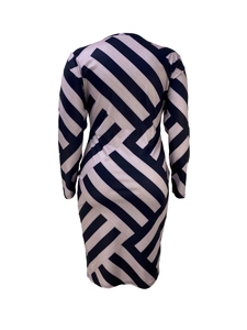 Detailed view of striped long sleeve bodycon dress with geometric knit texture