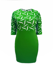 Detail of round neck and mid-sleeves on a green leaf print bodycon dress for women
