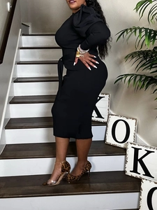 Elegant black puff sleeve bodycon dress with waist tie and round neck for women