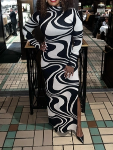 Women Plus Size Elegant Black White Swirl Print Long Sleeve Bodycon High Neck Maxi Dress Slim Fit Fall Club Party Dress
