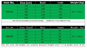 Size chart for women's plus size V-neck dress TB6428, ranging from 1XL to 5XL in cm and inches