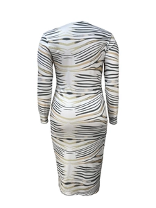 Detailed view of long sleeve crew neck dress with gold animal print and zebra stripes