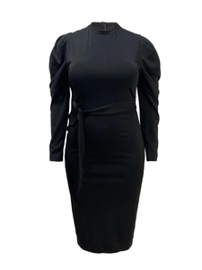 Detail of the bubble long sleeves and waist tie on the elegant black midi dress