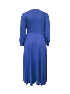 Back view of a deep blue V-neck maxi dress with long sleeves and pleated A-line silhouette