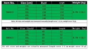 Size chart table for loose casual plus size dress from 1XL to 5XL with measurements